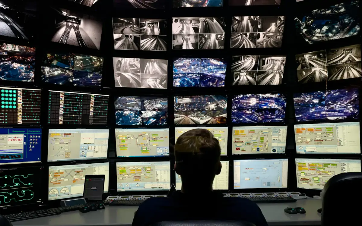 An operator in front of a wall of monitoring screens in an operations centre