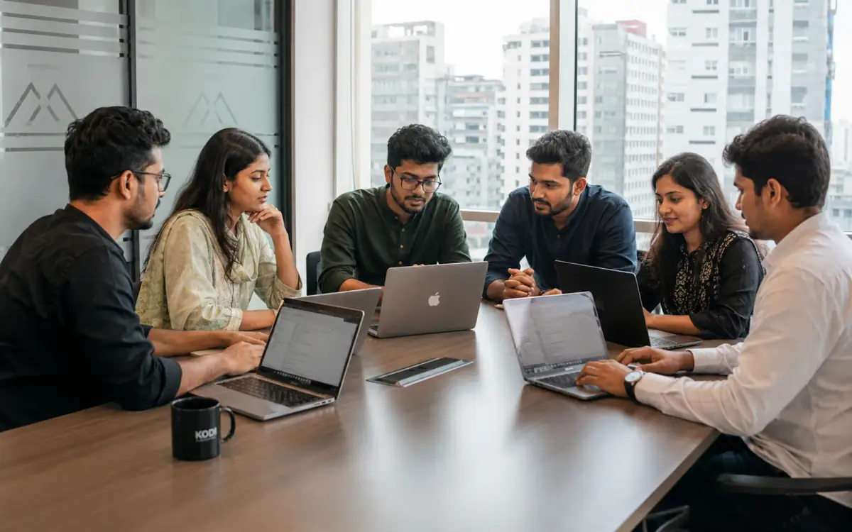 A team of technology professionals working together on laptops around a meeting table